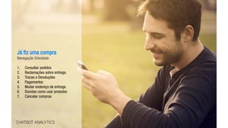 Já fiz uma compra
Navegação Orientada
1. Consultar pedidos
2. Reclamações sobre entrega
3. Trocas e Devoluções
4. Pagamentos
5. Mudar endereço de entrega
6. Dúvidas como usar produtos
7. Cancelar compras
CHATBOT ANALYTICS
 
