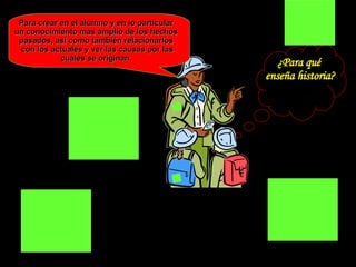 ¿Para qué  enseña historia? Para crear en el alumno y en lo particular  un conocimiento mas amplio de los hechos  pasados, así como también relacionarlos  con los actuales y ver las causas por las cuales se originan.  