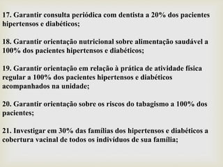 17. Garantir consulta periódica com dentista a 20% dos pacientes
hipertensos e diabéticos;
18. Garantir orientação nutricional sobre alimentação saudável a
100% dos pacientes hipertensos e diabéticos;
19. Garantir orientação em relação à prática de atividade física
regular a 100% dos pacientes hipertensos e diabéticos
acompanhados na unidade;
20. Garantir orientação sobre os riscos do tabagismo a 100% dos
pacientes;
21. Investigar em 30% das famílias dos hipertensos e diabéticos a
cobertura vacinal de todos os indivíduos de sua família;
 