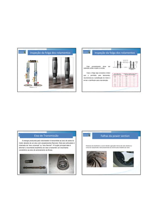 Inspeção da folga dos rolamentos
Este procedimento deve ser
realizado antes e após a corrida.
Caso a folga seja excessiva (maior
que o permitido pelo fabricante),
recomenda-se a substituição do motor e
enviar o danificado para manutenção.
Inspeção da folga dos rolamentos
A energia produzida pelo rotor/estator é transmitida ao eixo de saída do
motor através de um eixo com acoplamentos flexíveis. Este eixo articulado é
chamado de “eixo universal” ou “eixo flexível”. A função principal dele é
eliminar o movimento excêntrico do rotor e transmitir um movimento
concêntrico ao eixo de acionamento da Broca.
Eixo de Transmissão Falhas da power section
Histerese do elastômero: ocorre devido a geração interna de calor devido ao
ciclos de compressão e descompressão do mesmo pelo trabalho do rotor.
 