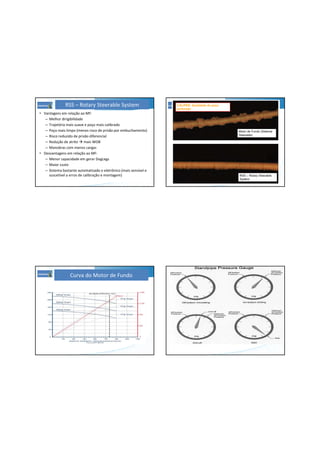 • Vantagens em relação ao MF:
– Melhor dirigibilidade
– Trajetória mais suave e poço mais calibrado
– Poço mais limpo (menos risco de prisão por embuchamento)
– Risco reduzido de prisão diferencial
– Redução de atrito mais WOB
– Manobras com menos cargas
• Desvantagens em relação ao MF:
– Menor capacidade em gerar DogLegs
– Maior custo
– Sistema bastante automatizado e eletrônico (mais sensível e
suscetível a erros de calibração e montagem)
RSS – Rotary Steerable System
Motor de Fundo (Sistema
Steerable)
RSS – Rotary Steerable
System
CÁLIPER: Qualidade do poço
perfurado
Curva do Motor de Fundo
 