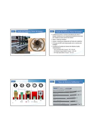 Seção de Potência: Rotor & Estator
• A diferença entre o número de lóbulos do rotor e
estator resulta em um movimento excêntrico do rotor
em relação ao eixo central do estator
• Rotor: material metálico
• Estator: elastômero (depende do fluido de trabalho)
• O Torque do MF está relacionado com o número de
Estágios
• A vazão em função do número de lóbulos (razão
rotor/estator)
– MF Low Speed (Alto Torque) – 8/7; 7/6; 6/5
– MF Medium Speed (Médio Torque) – 5/4; 4/3
– MF High Speed (Baixo Torque) – 3/2; 2/1
Seção de Potência: Rotor & Estator
27
Tipos de Motores Halliburton
 