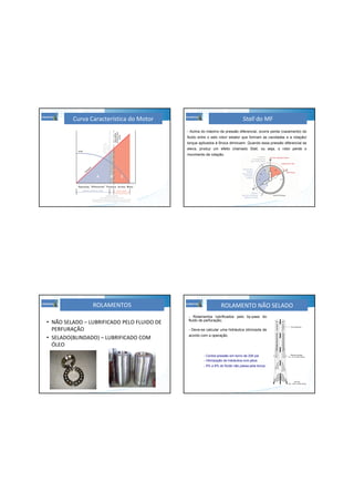 Curva Característica do Motor
- Acima do máximo de pressão diferencial, ocorre perda (vazamento) do
fluido entre o selo rotor/ estator que formam as cavidades e a rotação/
torque aplicados à Broca diminuem. Quando essa pressão diferencial se
eleva, produz um efeito chamado Stall, ou seja, o rotor perde o
movimento de rotação.
Stall do MF
ROLAMENTOS
• NÃO SELADO – LUBRIFICADO PELO FLUIDO DE
PERFURAÇÃO
• SELADO(BLINDADO) – LUBRIFICADO COM
ÓLEO
- Rolamentos lubrificados pelo by-pass do
fluido de perfuração;
- Deve-se calcular uma hidráulica otimizada de
acordo com a operação.
- Contra-pressão em torno de 200 psi
- Otimização de hidráulica com jatos
- 5% a 8% do fluido não passa pela broca
ROLAMENTO NÃO SELADO
 