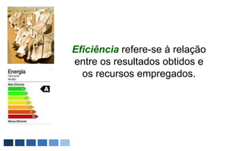 Eficiência refere-se à relação
entre os resultados obtidos e
  os recursos empregados.
 