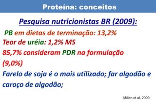 Proteína: conceitos

     Pesquisa nutricionistas BR (2009):
 PB em dietas de terminação: 13,2%
Teor de uréia: 1,2% MS
85,7% consideram PDR na formulação
(9,0%)
Farelo de soja é o mais utilizado; far algodão e
caroço de algodão;
                                       Millen et al, 2009
 
