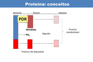 Proteína: conceitos
Alimento              Rúmen               Intestino


     PDR

               Microbiota                           Proteína
                                                  metabolizável
               NH3             Digestão




           Proteína não degradada
 