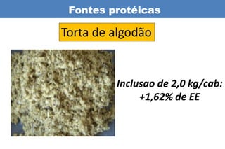 Fontes protéicas

Torta de algodão


         Inclusao de 2,0 kg/cab:
              +1,62% de EE
 