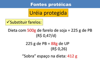 Fontes protéicas
             Uréia protegida
Substituir farelos:
Dieta com 500g de farelo de soja = 225 g de PB
              (R$ 0,47/d)
          225 g de PB = 88g de UP
                        (R$ 0,26)
        “Sobra” espaço na dieta: 412 g
 