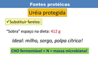 Fontes protéicas
             Uréia protegida
Substituir farelos:

“Sobra” espaço na dieta: 412 g

   Ideal: milho, sorgo, polpa cítrica!
  CHO fermentável + N = massa microbiana!
 