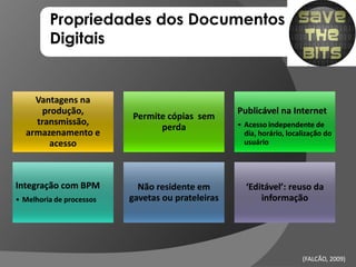 Propriedades dos Documentos
         Digitais


    Vantagens na
      produção,                                    Publicável na Internet
                          Permite cópias sem
    transmissão,                                   • Acesso independente de
                                perda
  armazenamento e                                    dia, horário, localização do
        acesso                                       usuário




Integração com BPM          Não residente em         ‘Editável’: reuso da
                                                      Editável’:
• Melhoria de processos   gavetas ou prateleiras         informação




                                                                       (FALCÃO, 2009)
                                                                                2009)
 