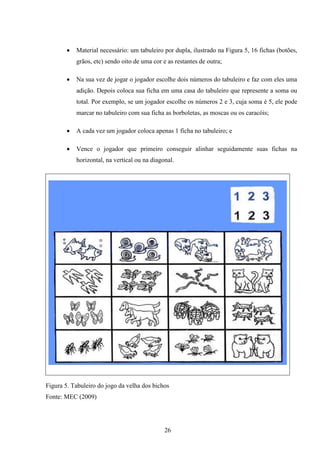    Material necessário: um tabuleiro por dupla, ilustrado na Figura 5, 16 fichas (botões,
           grãos, etc) sendo oito de uma cor e as restantes de outra;

          Na sua vez de jogar o jogador escolhe dois números do tabuleiro e faz com eles uma
           adição. Depois coloca sua ficha em uma casa do tabuleiro que represente a soma ou
           total. Por exemplo, se um jogador escolhe os números 2 e 3, cuja soma é 5, ele pode
           marcar no tabuleiro com sua ficha as borboletas, as moscas ou os caracóis;

          A cada vez um jogador coloca apenas 1 ficha no tabuleiro; e

          Vence o jogador que primeiro conseguir alinhar seguidamente suas fichas na
           horizontal, na vertical ou na diagonal.




Figura 5. Tabuleiro do jogo da velha dos bichos
Fonte: MEC (2009)




                                              26
 