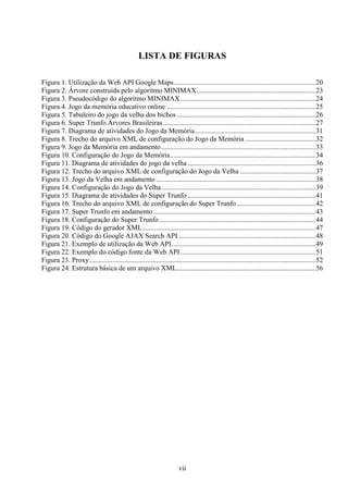 LISTA DE FIGURAS

Figura 1. Utilização da Web API Google Maps .................................................................................20
Figura 2. Árvore construída pelo algoritmo MINIMAX....................................................................23
Figura 3. Pseudocódigo do algoritmo MINIMAX .............................................................................24
Figura 4. Jogo da memória educativo online .....................................................................................25
Figura 5. Tabuleiro do jogo da velha dos bichos ...............................................................................26
Figura 6. Super Trunfo Árvores Brasileiras .......................................................................................27
Figura 7. Diagrama de atividades do Jogo da Memória .....................................................................31
Figura 8. Trecho do arquivo XML de configuração do Jogo da Memória ........................................32
Figura 9. Jogo da Memória em andamento ........................................................................................33
Figura 10. Configuração do Jogo da Memória ...................................................................................34
Figura 11. Diagrama de atividades do jogo da velha .........................................................................36
Figura 12. Trecho do arquivo XML de configuração do Jogo da Velha ...........................................37
Figura 13. Jogo da Velha em andamento ...........................................................................................38
Figura 14. Configuração do Jogo da Velha ........................................................................................39
Figura 15. Diagrama de atividades do Super Trunfo .........................................................................41
Figura 16. Trecho do arquivo XML de configuração do Super Trunfo .............................................42
Figura 17. Super Trunfo em andamento.............................................................................................43
Figura 18. Configuração do Super Trunfo .........................................................................................44
Figura 19. Código do gerador XML...................................................................................................47
Figura 20. Código do Google AJAX Search API ..............................................................................48
Figura 21. Exemplo de utilização da Web API ..................................................................................49
Figura 22. Exemplo do código fonte da Web API .............................................................................51
Figura 23. Proxy .................................................................................................................................52
Figura 24. Estrutura básica de um arquivo XML ...............................................................................56




                                                                        vii
 