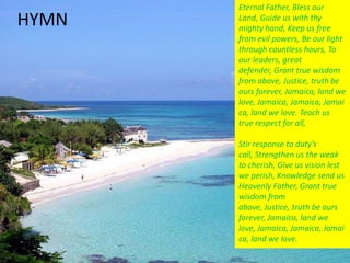 Eternal Father, Bless our Land,Guide us with thy mighty hand,Keep us free from evil powers,Be our light through countless hours,To our leaders, great defender,Grant true wisdom from above,Justice, truth be ours forever,Jamaica, land we love,Jamaica, Jamaica, Jamaica, land we love.Teach us true respect for all,Stir response to duty's call,Strengthen us the weak to cherish,Give us vision lest we perish,Knowledge send us Heavenly Father,Grant true wisdom from above,Justice, truth be ours forever,Jamaica, land we love,Jamaica, Jamaica, Jamaica, land we love.HYMN