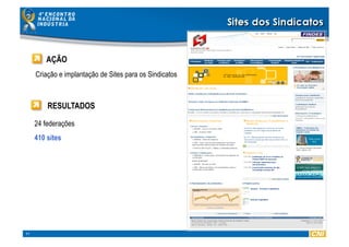 11
RESULTADOS
AÇÃO
Criação e implantação de Sites para os Sindicatos
24 federações
410 sites
 