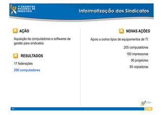 19
RESULTADOS
AÇÃO
Aquisição de computadores e softwares de
gestão para sindicatos
NOVAS AÇÕES
17 federações
208 computadores
205 computadores
160 impressoras
90 projetores
80 copiadoras
Apoio a outros tipos de equipamentos de TI:
 