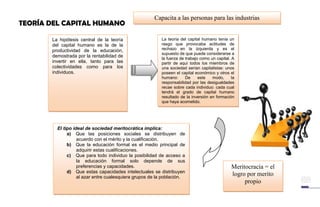 TEORÍA DEL CAPITAL HUMANO
La hipótesis central de la teoría
del capital humano es la de la
productividad de la educación,
demostrada por la rentabilidad de
invertir en ella, tanto para las
colectividades como para los
individuos.
La teoría del capital humano tenía un
rasgo que provocaba actitudes de
rechazo en la izquierda y es el
supuesto de que puede considerarse a
la fuerza de trabajo como un capital. A
partir de aquí todos los miembros de
una sociedad serían capitalistas: unos
poseen el capital económico y otros el
humano: De este modo, la
responsabilidad por las desigualdades
recae sobre cada individuo: cada cual
tendrá el grado de capital humano
resultado de la inversión en formación
que haya acometido.
El tipo ideal de sociedad meritocrática implica:
a) Que las posiciones sociales se distribuyen de
acuerdo con el mérito y la cualificación.
b) Que la educación formal es el medio principal de
adquirir estas cualificaciones.
c) Que para todo individuo la posibilidad de acceso a
la educación formal solo depende de sus
preferencias y capacidades.
d) Que estas capacidades intelectuales se distribuyen
al azar entre cualesquiera grupos de la población.
Capacita a las personas para las industrias
Meritocracia = el
logro por merito
propio
 