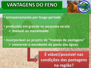 VANTAGENS DO FENO

• armazenamento por longo período

• produzido em grande ou pequena escala
    manual ou mecanizado

• incorporável ao projeto de “manejo de pastagens”
     conservar o excedente de pasto das águas

                        É viável/possível nas
                      condições das pastagens
                             na região?
 