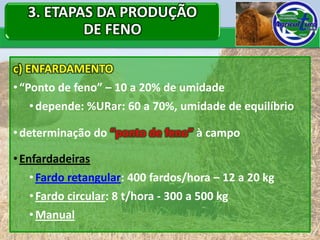 3. ETAPAS DA PRODUÇÃO
          DE FENO

c) ENFARDAMENTO
• “Ponto de feno” – 10 a 20% de umidade
   • depende: %URar: 60 a 70%, umidade de equilíbrio

• determinação do “ponto de feno” à campo

• Enfardadeiras
   • Fardo retangular: 400 fardos/hora – 12 a 20 kg
   • Fardo circular: 8 t/hora - 300 a 500 kg
   • Manual
 
