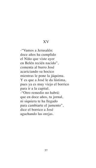 XV
-“Vamos a Jerusalén:
doce años ha cumplido
el Niño que viste ayer
en Belén recién nacido”,
comenta al burro José
acariciando su hocico
mientras le pone la jáquima.
Y es que a José le da lástima,
pues ya es muy viejo el borrico
para ir a la capital.
-“Otro remedio no habrá:
que en doce años, tu jornal,
ni siquiera te ha llegado
para cambiarte el jumento”,
dice el borrico a José
agachando las orejas.
57
 