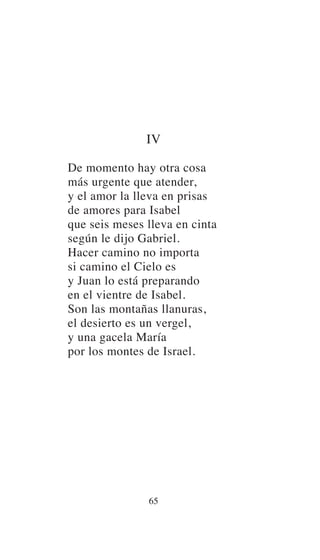 IV
De momento hay otra cosa
más urgente que atender,
y el amor la lleva en prisas
de amores para Isabel
que seis meses lleva en cinta
según le dijo Gabriel.
Hacer camino no importa
si camino el Cielo es
y Juan lo está preparando
en el vientre de Isabel.
Son las montañas llanuras,
el desierto es un vergel,
y una gacela María
por los montes de Israel.
65
 