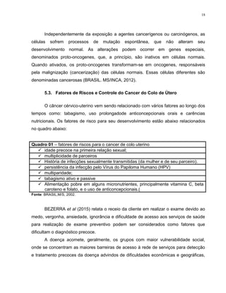 18
Independentemente da exposição a agentes cancerígenos ou carcinógenos, as
células sofrem processos de mutação espontânea, que não alteram seu
desenvolvimento normal. As alterações podem ocorrer em genes especiais,
denominados proto-oncogenes, que, a princípio, são inativos em células normais.
Quando ativados, os proto-oncogenes transformam-se em oncogenes, responsáveis
pela malignização (cancerização) das células normais. Essas células diferentes são
denominadas cancerosas (BRASIL. MS/INCA, 2012).
5.3. Fatores de Riscos e Controle do Cancer do Colo de Ùtero
O câncer cérvico-uterino vem sendo relacionado com vários fatores ao longo dos
tempos como: tabagismo, uso prolongadode anticoncepcionais orais e carências
nutricionais. Os fatores de risco para seu desenvolvimento estão abaixo relacionados
no quadro abaixo:
Quadro 01 – fatores de riscos para o cancer de colo uterino
 idade precoce na primeira relação sexual;
 multiplicidade de parceiros
 História de infecções sexualmente transmitidas (da mulher e de seu parceiro).
 persistência da infecção pelo Vírus do Papiloma Humano (HPV)
 multiparidade;
 tabagismo ativo e passive
 Alimentação pobre em alguns micronutrientes, principalmente vitamina C, beta
caroteno e folato, e o uso de anticoncepcionais.(
Fonte: BRASIL,M/S, 2002.
BEZERRA et al (2015) relata o receio da cliente em realizar o exame devido ao
medo, vergonha, ansiedade, ignorância e dificuldade de acesso aos serviços de saúde
para realização de exame preventivo podem ser considerados como fatores que
dificultam o diagnóstico precoce.
A doença acomete, geralmente, os grupos com maior vulnerabilidade social,
onde se concentram as maiores barreiras de acesso à rede de serviços para detecção
e tratamento precoces da doença advindos de dificuldades econômicas e geográficas,
 