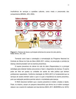 19
insuficiência de serviços e questões culturais, como medo e preconceito dos
companheiros (BRASIL, M/S, 2002).
Figura 3 – Fatores de riscos e principais sintomas do cancer do colo uterino.
Fonte: BRASIL, M/S, 2002
Tomando como base a orientação e normatização do Programa Nacional do
Controle do Câncer do Colo de Útero (INCA 2011, online), na prevenção e controle da
doença, deverá proceder com os exames preventivos.
O exame preventivo do câncer do colo do útero (Papanicolaou) é a principal
estratégia para detectar lesões precursoras e fazer o diagnóstico da doença. O exame
pode ser feito em postos ou unidades de saúde da rede pública que tenham
profissionais capacitados. Conforme orientação do INCA (2011) é fundamental que os
serviços de saúde orientem sobre o que é e qual a importância do exame preventivo,
pois sua realização periódica permite reduzir a mortalidade pela doença.
O INCA descreve também que o exame preventivo é indolor, simples e rápido.
Pode, no máximo, causar um pequeno desconforto que diminui se a mulher conseguir
relaxar e se o exame for realizado com boa técnica (INCA ,2011; BEZERRA et al .2015)
 