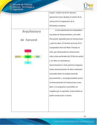 14
Lógica” siendo una de las mayores
aportaciones pues despejó el camino de la
ciencia de la Computación, de la
Informática moderna.
es una arquitectura de computadora
con pistas de almacenamiento y de señal
físicamente separadas para las instrucciones
y para los datos. El término proviene de la
computadora Harvard Mark I basada en
relés, que almacenaba las instrucciones
sobre cintas perforadas (de 24 bits de ancho)
y los datos en interruptores
electromecánicos. Estas primeras máquinas
tenían almacenamiento de datos totalmente
contenido dentro la unidad central de
procesamiento, y no proporcionaban acceso
al almacenamiento de instrucciones como
datos. Los programas necesitaban ser
cargados por un operador; el procesador no
podría arrancar por sí mismo.
 