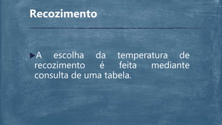 Recozimento
A escolha da temperatura de
recozimento é feita mediante
consulta de uma tabela.
 