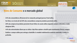 Bens de Consumo e o mercado global
• 24% dos consumidores afirmaram já ter comprado packaged grocery Food online.
• Na China e na Coreia do Sul 25% dos consumidores compram produtos perecíveis online.
• 20% das compras de produtos perecíveis foram feitos via canais online enquanto compras referentes a moda
atingiram 58%.
• 44% dos entrevistados dizem que as visitar a loja física ajudam a decidir quais mantimentos frescos comprar.
• Realizar a compra online para entrega a domicílio é o modelo tradicional de comércio conectado, e ainda é o
preferido.
Fonte: Nielsen 2017
Rafael Ruppel Ruiz
 