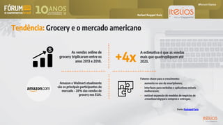 Tendência: Grocery e o mercado americano
Amazon e Walmart atualmente
são os principais participantes do
mercado - 28% das vendas de
grocery nos EUA.
Fatores-chave para o crescimento:
• aumento no uso de smartphones;
• interfaces para websites e aplicativos móveis
melhoraram;
• notável expansão de modelos de negócios de
crowdsourcing para compras e entregas.
As vendas online de
grocery triplicaram entre os
anos 2013 e 2018.
A estimativa é que as vendas
mais que quadrupliquem até
2023.+4x
Fonte: Packaged Facts
Rafael Ruppel Ruiz
 