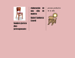 elaboración
una silla
madera

de
de

Rafael Sanhueza
Lizardi
Nombres:Javiera
diazjavieragonzalez

proceso productivo
de la silla

 