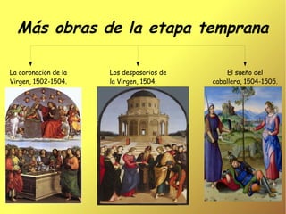 Más obras de la etapa temprana
La coronación de la
Virgen, 1502-1504.
Los desposorios de
la Virgen, 1504.
El sueño del
caballero, 1504-1505.
 