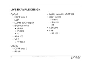 29 Copyright © 2009 Juniper Networks, Inc. www.juniper.net
LIVE EXAMPLE DESIGN
  OpCo1
§  OSPF area 0
§  LDP
§  LDP to eBGP export
§  iBGP full mesh
§  VPNv4
§  IPv4 LU
§  RT
§  ASN 100
§  VRF
§  RT 100:1
  OpCo2
§  OSPF area 0
§  RSVP
§  Lo0.0 export to eBGP LU
§  iBGP w/ RR
§  VPNv4
§  IPv4 LU
§  RT
§  ASN 200
§  VRF
§  RT 100:1
 
