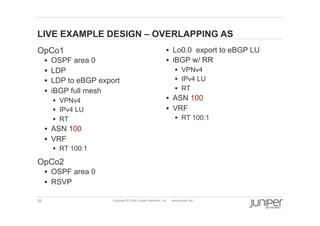 39 Copyright © 2009 Juniper Networks, Inc. www.juniper.net
LIVE EXAMPLE DESIGN – OVERLAPPING AS
  OpCo1
§  OSPF area 0
§  LDP
§  LDP to eBGP export
§  iBGP full mesh
§  VPNv4
§  IPv4 LU
§  RT
§  ASN 100
§  VRF
§  RT 100:1
  OpCo2
§  OSPF area 0
§  RSVP
§  Lo0.0 export to eBGP LU
§  iBGP w/ RR
§  VPNv4
§  IPv4 LU
§  RT
§  ASN 100
§  VRF
§  RT 100:1
 