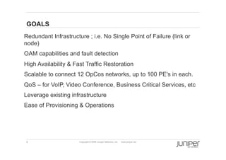 4 Copyright © 2009 Juniper Networks, Inc. www.juniper.net
GOALS
Redundant Infrastructure ; i.e. No Single Point of Failure (link or
node)
OAM capabilities and fault detection
High Availability & Fast Traffic Restoration
Scalable to connect 12 OpCos networks, up to 100 PE's in each.
QoS – for VoIP, Video Conference, Business Critical Services, etc
Leverage existing infrastructure
Ease of Provisioning & Operations
 