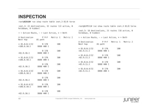 48 Copyright © 2009 Juniper Networks, Inc. www.juniper.net
INSPECTION
  root@O2A10# run show route table inet.3 81/8 terse !
  inet.3: 22 destinations, 32 routes (22 active, 0
holddown, 0 hidden)!
  + = Active Route, - = Last Active, * = Both!
  A Destination P Prf Metric 1 Metric 2
Next hop AS path!
  * 81.0.0.1/32 B 170 100
>188.8.10.1 8888 400 I!
  B 170 100
>82.9.10.1 8888 400 I!
  * 81.0.0.2/32 B 170 100
>188.8.10.1 8888 400 I!
  B 170 100
>82.9.10.1 8888 400 I!
  * 81.0.0.3/32 B 170 100
>188.8.10.1 8888 400 I!
  B 170 100
>82.9.10.1 8888 400 I!
  * 81.0.0.4/32 B 170 100
>188.8.10.1 8888 400 I!
  B 170 100
>82.9.10.1 8888 400 I!
  root@O2PE11# run show route table inet.3 81/8 terse !
  inet.3: 18 destinations, 21 routes (18 active, 0
holddown, 0 hidden)!
  + = Active Route, - = Last Active, * = Both!
  A Destination P Prf Metric 1 Metric 2
Next hop AS path!
  * 81.0.0.1/32 B 170 100
>82.9.11.1 8888 400 I!
  * 81.0.0.2/32 B 170 100
>82.9.11.1 8888 400 I!
  * 81.0.0.3/32 B 170 100
>82.9.11.1 8888 400 I!
  * 81.0.0.4/32 B 170 100
>82.9.11.1 8888 400 I!
 