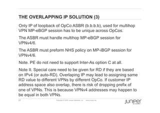 57 Copyright © 2009 Juniper Networks, Inc. www.juniper.net
THE OVERLAPPING IP SOLUTION (3)
  Only IP of loopback of OpCo ASBR (b.b.b.b), used for multihop
VPN MP-eBGP session has to be unique across OpCos.
  The ASBR must handle multihop MP-eBGP session for
VPNv4/6.
  The ASBR must preform NHS policy on MP-iBGP session for
VPNv4/6.
  Note. PE do not need to support Inter-As option C at all.
  Note II. Special care need to be given for RD if they are based
on IPv4 (or auto-RD). Overlaping IP may lead to assigning same
RD value to different VPNs by different OpCo. If customer IP
address space also overlap, there is risk of dropping prefix of
one of VPNs. This is because VPNv4 addresses may happen to
be equal in both VPNs.
 