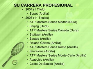 SU CARRERA PROFESIONAL 2004 (1 Titulo)  Sopot (Arcilla)  2005 (11 Títulos)  ATP Masters Series Madrid (Dura)  Beijing (Dura)  ATP Masters Series Canada (Dura)  Stuttgart (Arcilla)  Bastad (Arcilla)  Roland Garros (Arcilla)  ATP Masters Series Rome (Arcilla)  Barcelona (Arcilla)  ATP Masters Series Monte Carlo (Arcilla)  Acapulco (Arcilla)  Costa Do Sauipe (Arcilla)  