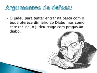 O judeu para tentar entrar na barca com o bode oferece dinheiro ao Diabo mas como este recusa, o judeu reage com pragas ao diabo.Argumentos de defesa: