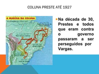 COLUNA PRESTE ATÉ 1927
Na década de 30,
Prestes e todos
que eram contra
o governo
passaram a ser
perseguidos por
Vargas.
 