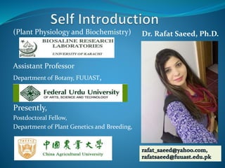 (Plant Physiology and Biochemistry)
Assistant Professor
Department of Botany, FUUAST,
Presently,
Postdoctoral Fellow,
Department of Plant Genetics and Breeding,
Dr. Rafat Saeed, Ph.D.
 