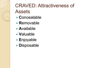 CRAVED: Attractiveness of Assets<br />Concealable<br />Removable<br />Available<br />Valuable<br />Enjoyable<br />Disposab...