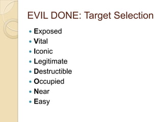 EVIL DONE: Target Selection<br />Exposed<br />Vital<br />Iconic<br />Legitimate<br />Destructible<br />Occupied<br />Near<...