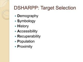 DSHARPP: Target Selection<br />Demography<br />Symbology<br />History<br />Accessibility<br />Recuperability<br />Populati...