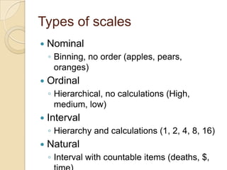 Types of scales<br />Nominal<br />Binning, no order (apples, pears, oranges)<br />Ordinal<br />Hierarchical, no calculatio...