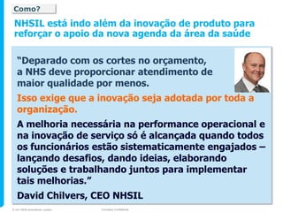 Como?

 NHSIL está indo além da inovação de produto para
 reforçar o apoio da nova agenda da área da saúde

   “Deparado com os cortes no orçamento,
   a NHS deve proporcionar atendimento de
   maior qualidade por menos.
   Isso exige que a inovação seja adotada por toda a
   organização.
   A melhoria necessária na performance operacional e
   na inovação de serviço só é alcançada quando todos
   os funcionários estão sistematicamente engajados –
   lançando desafios, dando ideias, elaborando
   soluções e trabalhando juntos para implementar
   tais melhorias.”
   David Chilvers, CEO NHSIL
© 2010 NHS Innovations London   Company Confidential
 