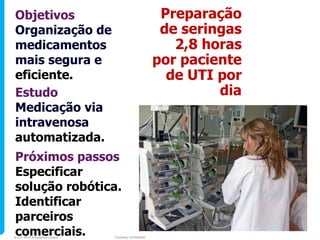 Objetivos                                               Preparação
Organização de                                          de seringas
medicamentos                                              2,8 horas
mais segura e                                          por paciente
eficiente.                                               de UTI por
Estudo                                                          dia
Medicação via
intravenosa
automatizada.
Próximos passos
Especificar
solução robótica.
Identificar
parceiros
comerciais.
© 2010 NHS Innovations London   Company Confidential
 