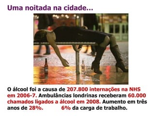 Uma noitada na cidade…




O álcool foi a causa de 207.800 internações na NHS
em 2006-7. Ambulâncias londrinas receberam 60.000
chamados ligados a álcool em 2008. Aumento em três
anos de 28%.          6% da carga de trabalho.
 