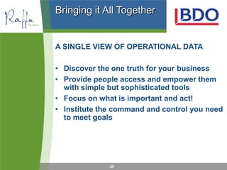Bringing it All Together


A SINGLE VIEW OF OPERATIONAL DATA

• Discover the one truth for your business
• Provide people access and empower them
  with simple but sophisticated tools
• Focus on what is important and act!
• Institute the command and control you need
  to meet goals




              28
 
