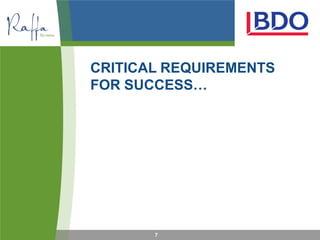 CRITICAL REQUIREMENTS
FOR SUCCESS…




       7
 
